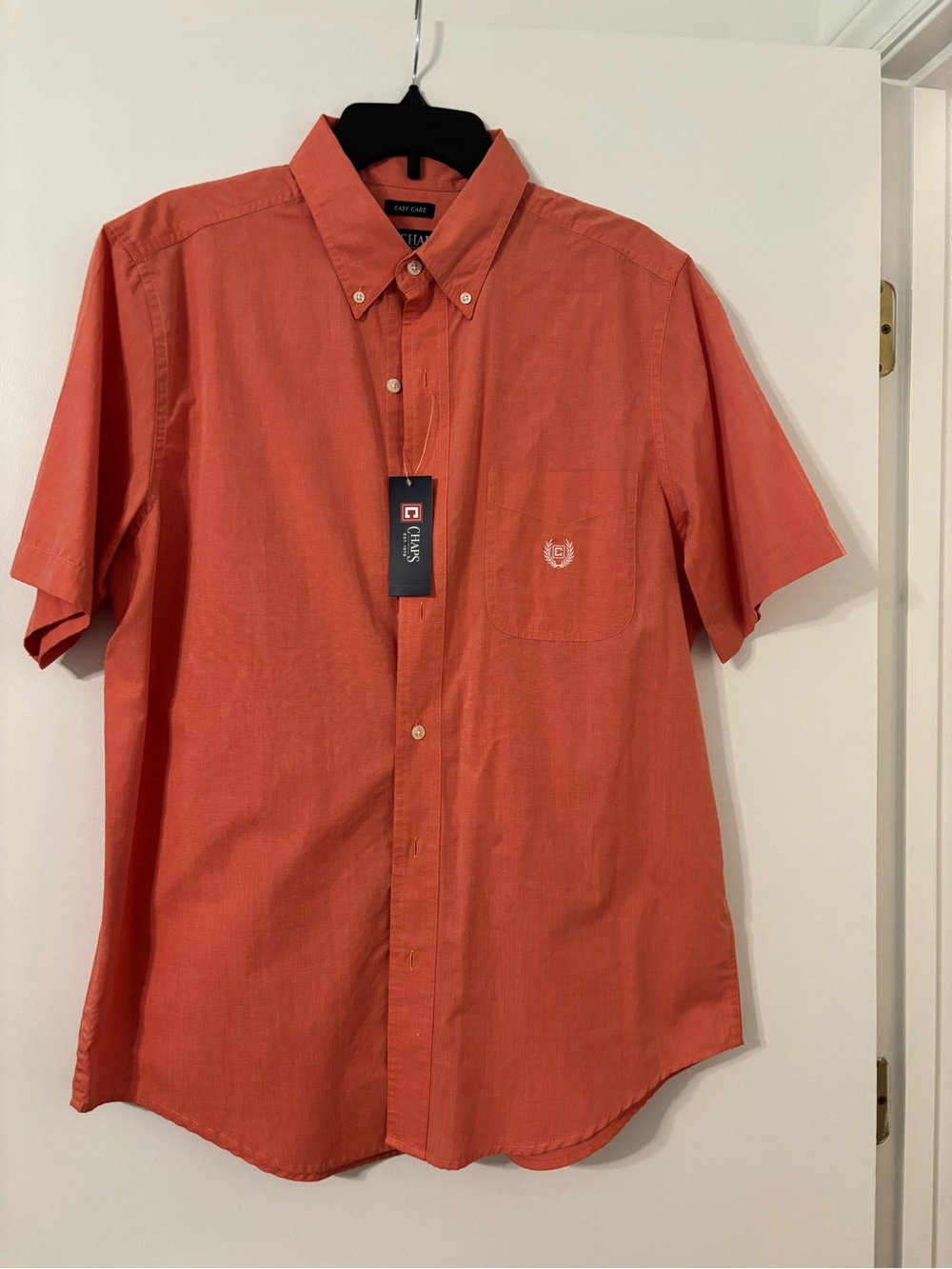 Chaps Short Sleeve Button-Down Shirt - Coral/ Light Orange